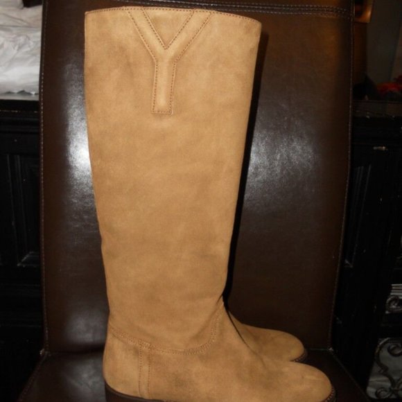 YSL Yves Saint Laurent CHYC Suede Knee High Flat Boots Tobacco Brown - Picture 8 of 10